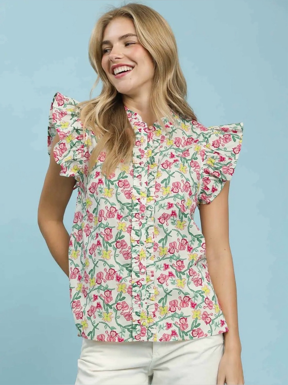 Umgee Floral Print Ruffle  Cap Sleeve Shirt